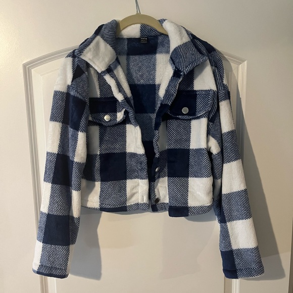 SHEIN Jackets & Blazers - Shein Blue and White Plaid Cropped Jacket Size Small